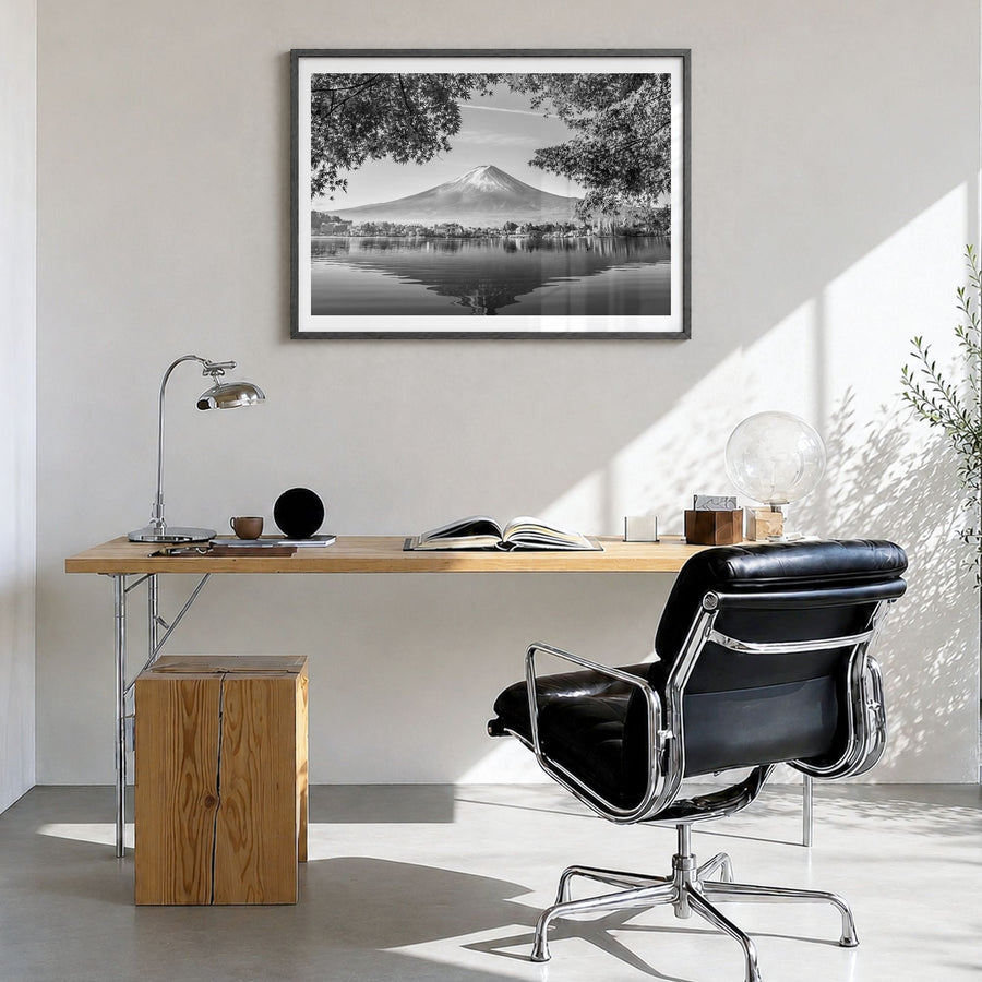 Japan Photo Poster in a black wood frame, hanging in a bright home office, white border