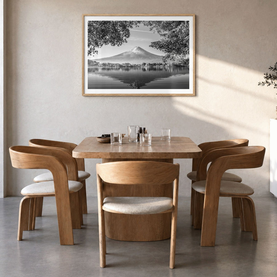 Japan Photo Poster in a natural wood frame, hanging in a dining room, white border