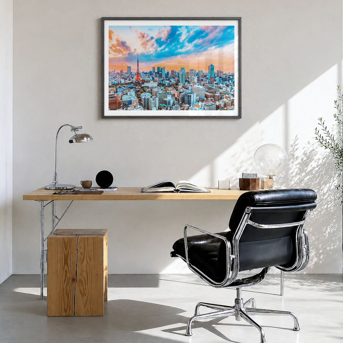 Japan Photo Poster in a black wood frame, hanging in a bright home office, white border