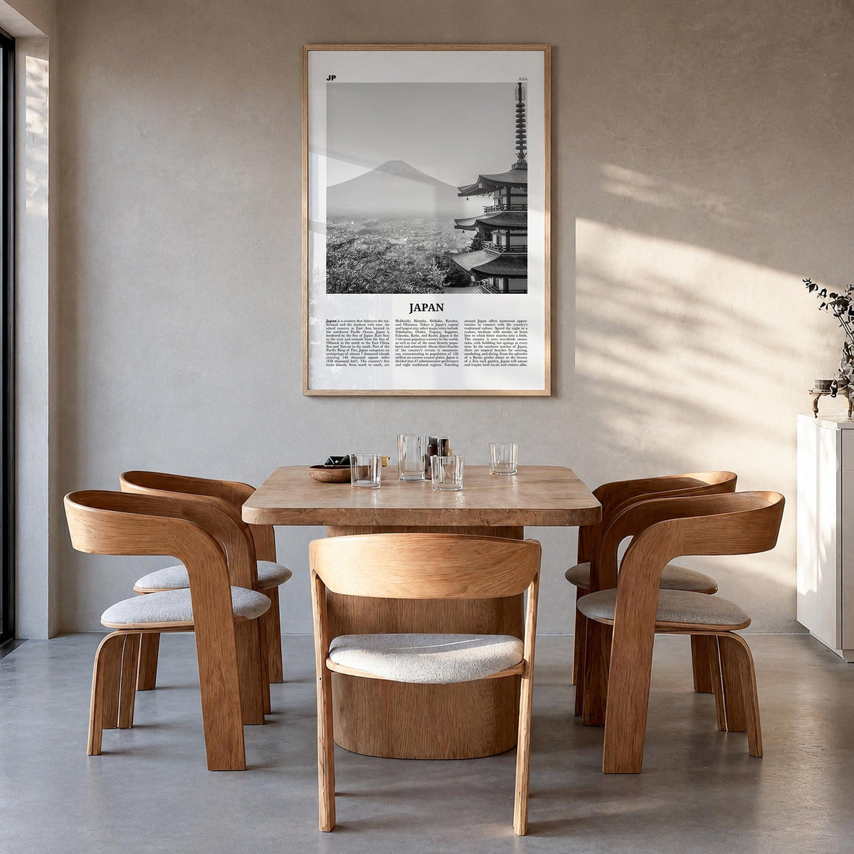 Japan no. 1 black & white newspaper poster of Asia – vertical wall art in natural wood frame, hanging on wall