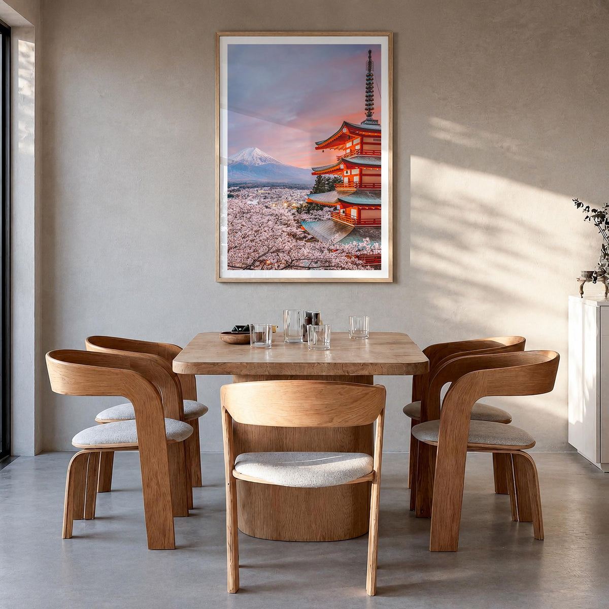 Japan no. 1 colorful photo poster of Asia – vertical wall art in natural wood frame with white border, hanging on wall