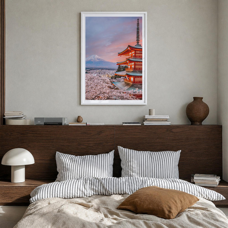 Japan no. 1 colorful photo poster of Asia – vertical wall art in white wood frame with white border, hanging on wall