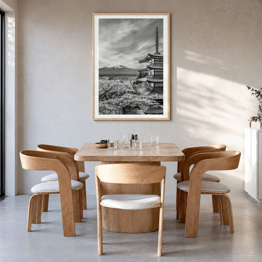 Japan Photo Poster in a natural wood frame, hanging in a dining room, white border