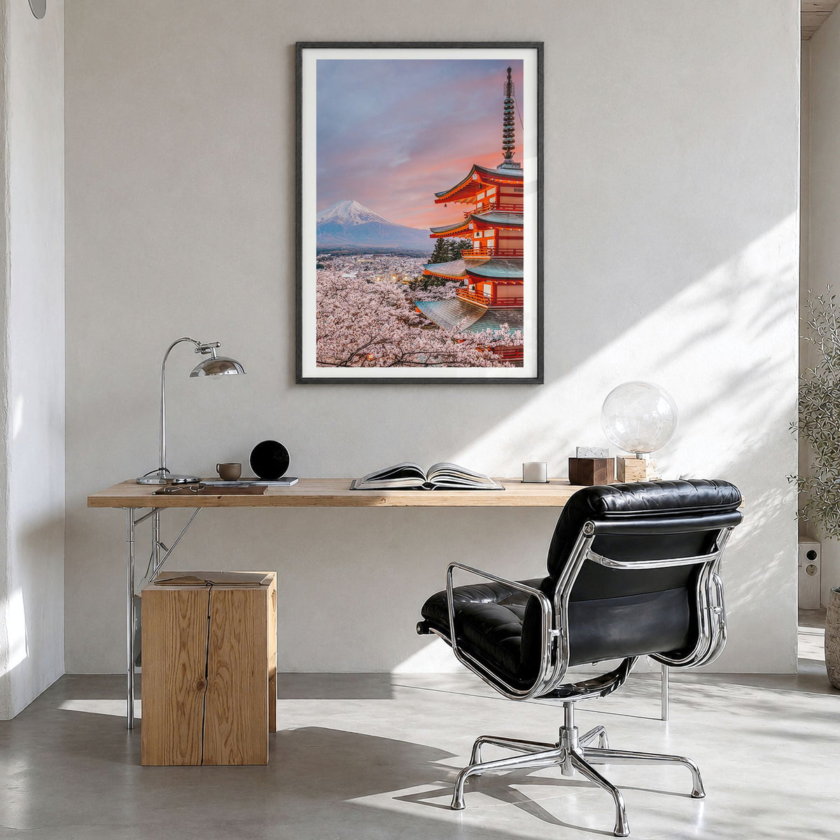 Japan Photo No 1 Poster in a black wood frame, hanging in a bright home office, white border