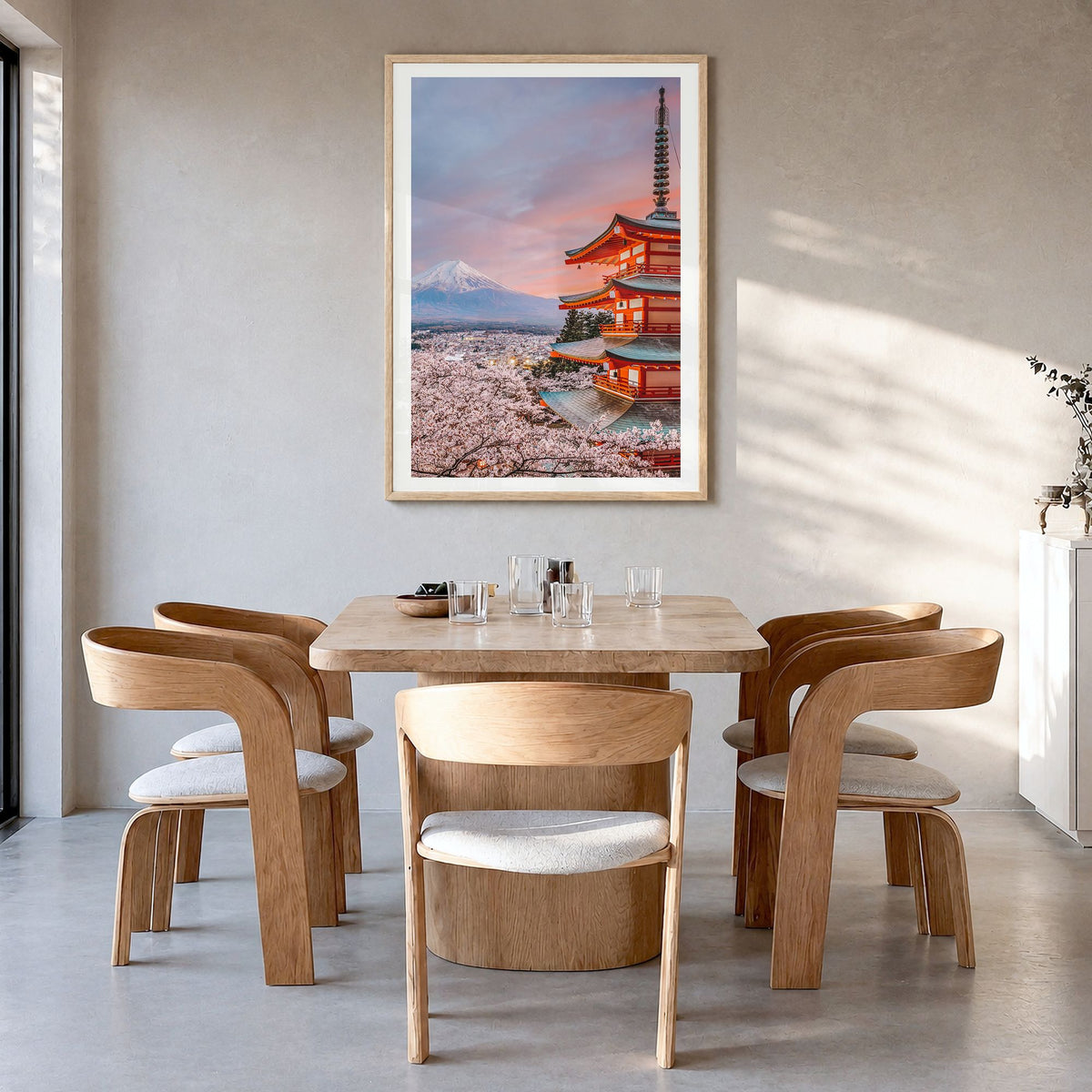 Japan Photo No 1 Poster in a natural wood frame, hanging in a dining room, white border