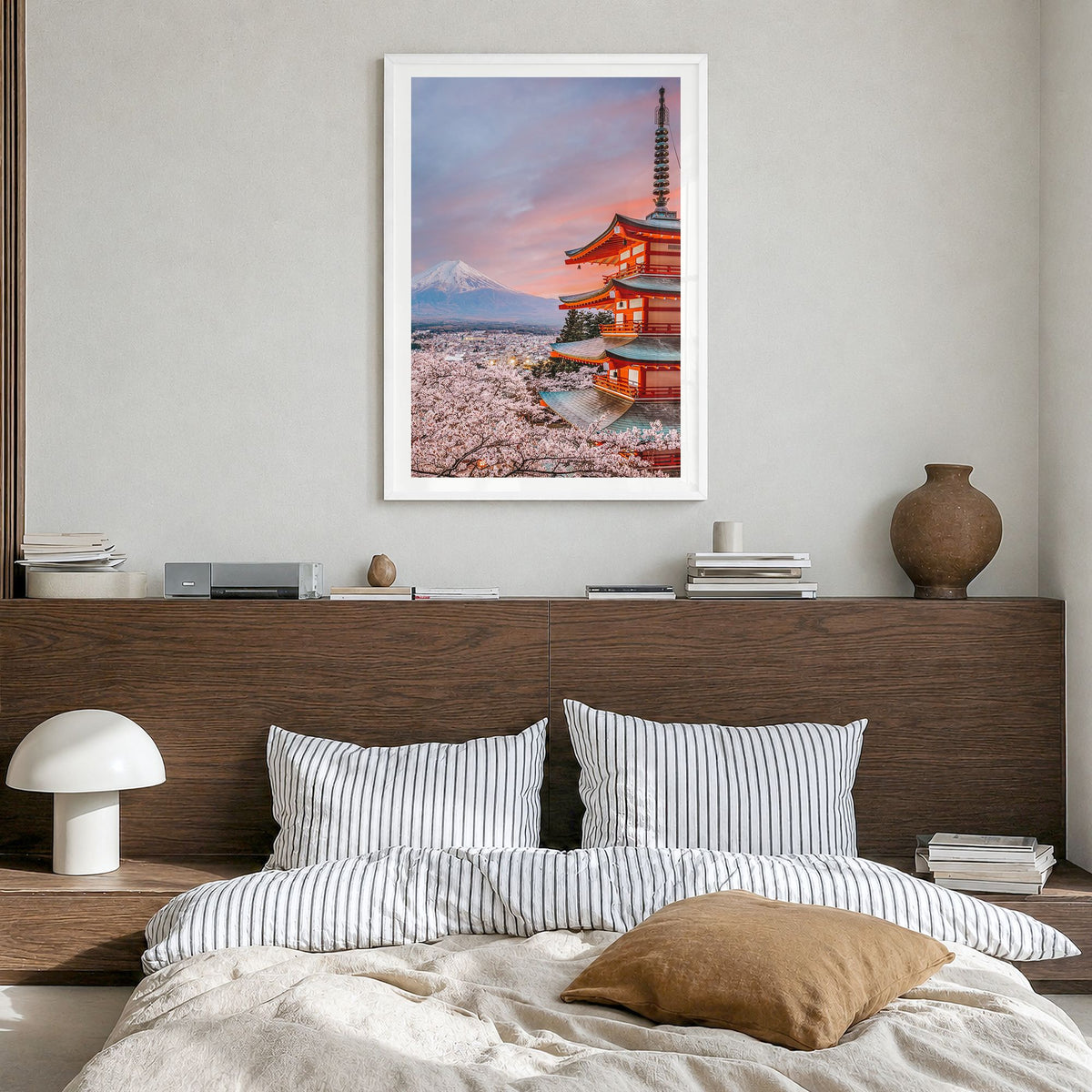 Japan Photo No 1 Poster in a white wood frame, hanging in a bedroom, white border