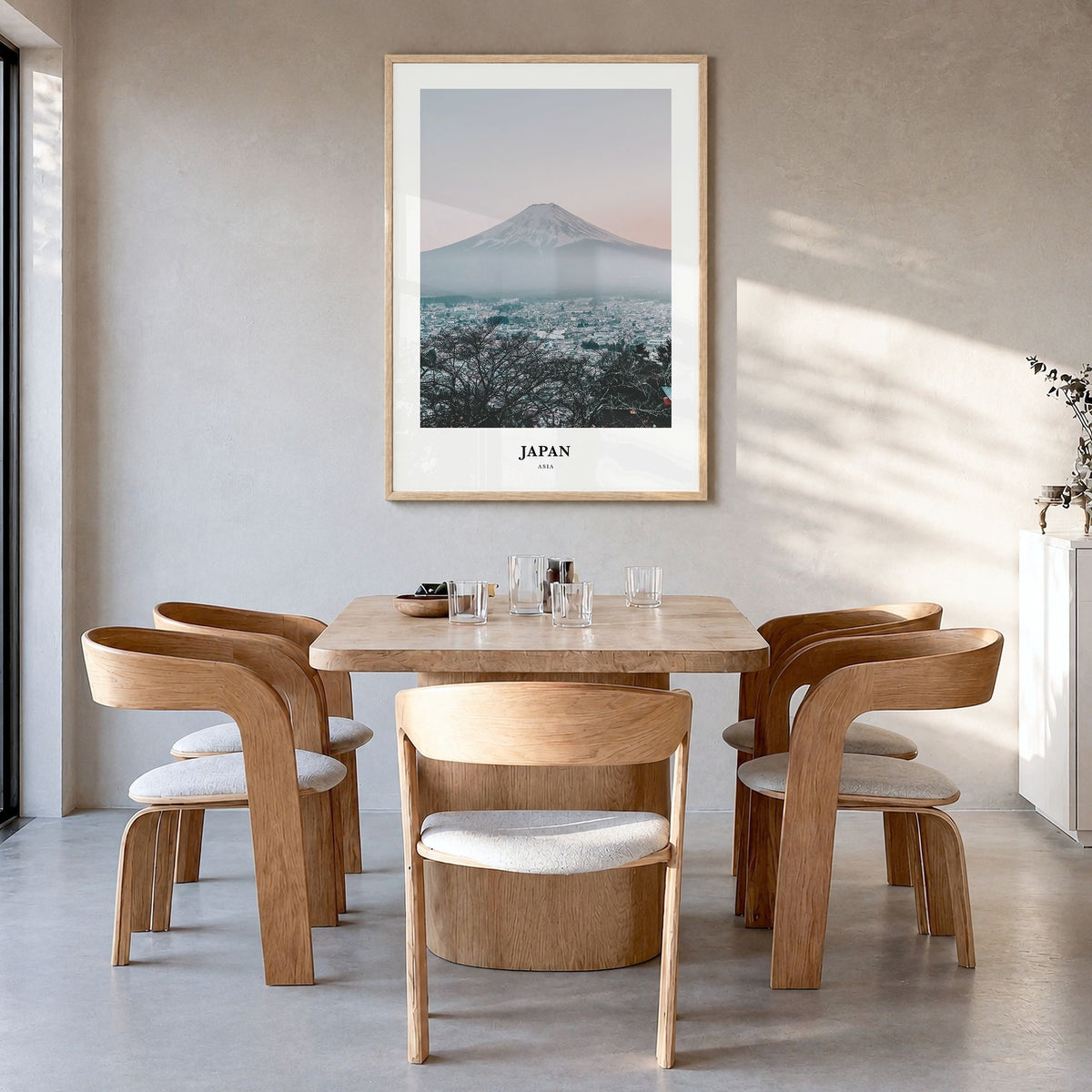 Japan Classic Poster in a natural wood frame, hanging in a dining room