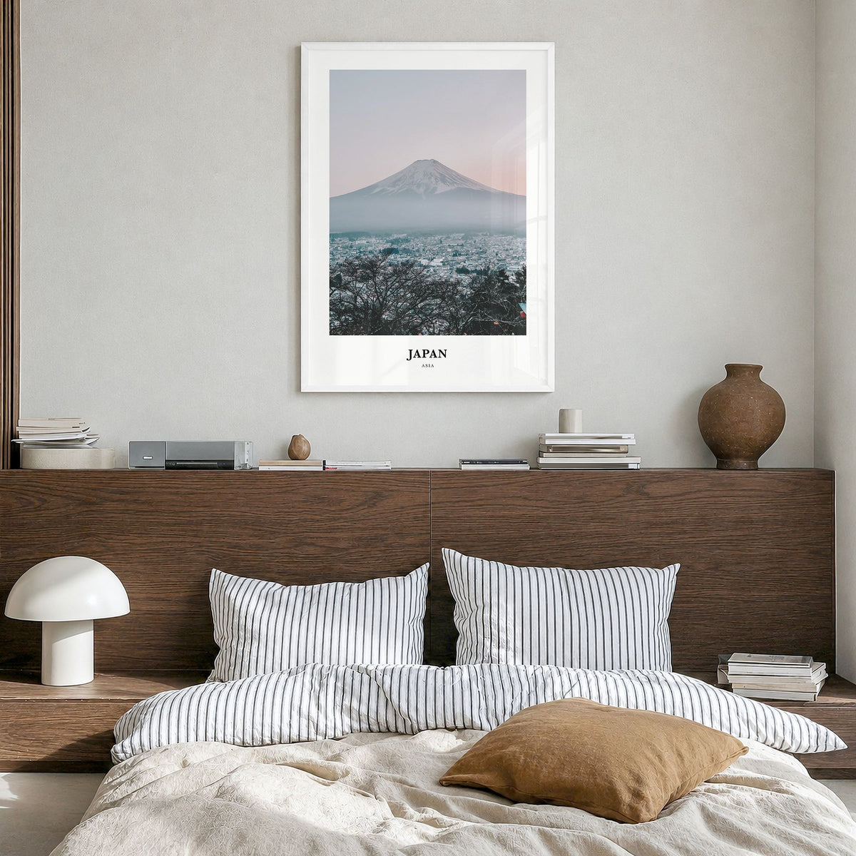 Japan Classic Poster in a white wood frame, hanging in a bedroom