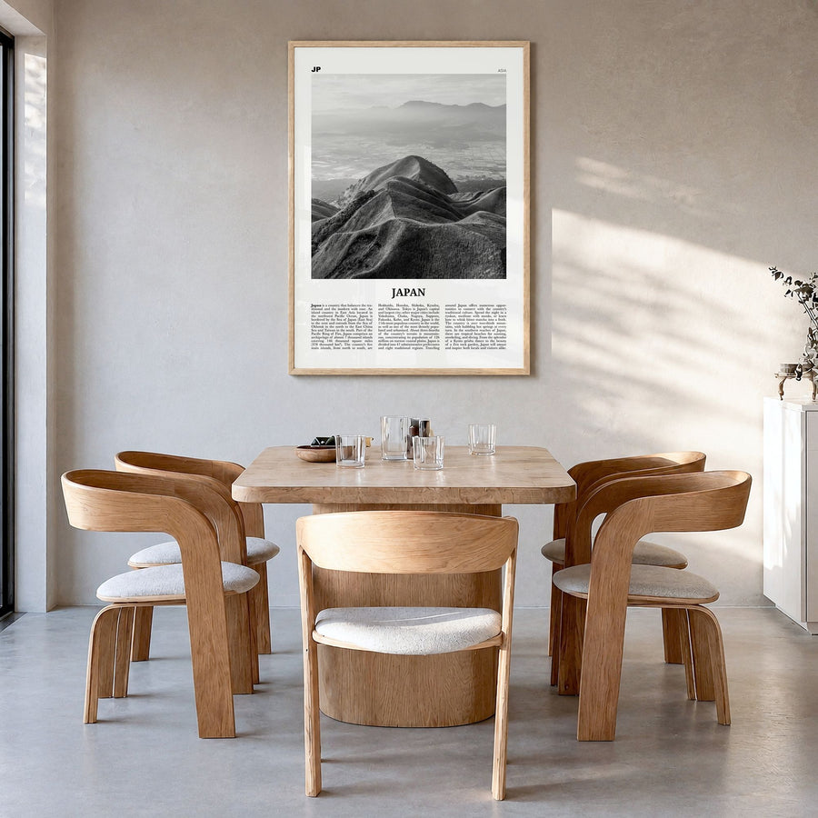 Japan Newspaper No 3 Poster in a natural wood frame, hanging in a dining room