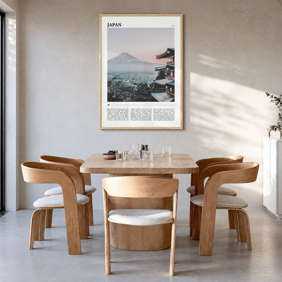 Japan Travel Poster in a natural wood frame, hanging in a dining room