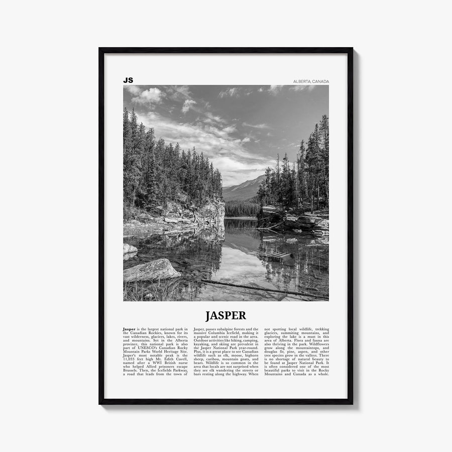 Jasper National Park black & white newspaper poster of Alberta, Canada – vertical wall art, unframed print shown in interior 