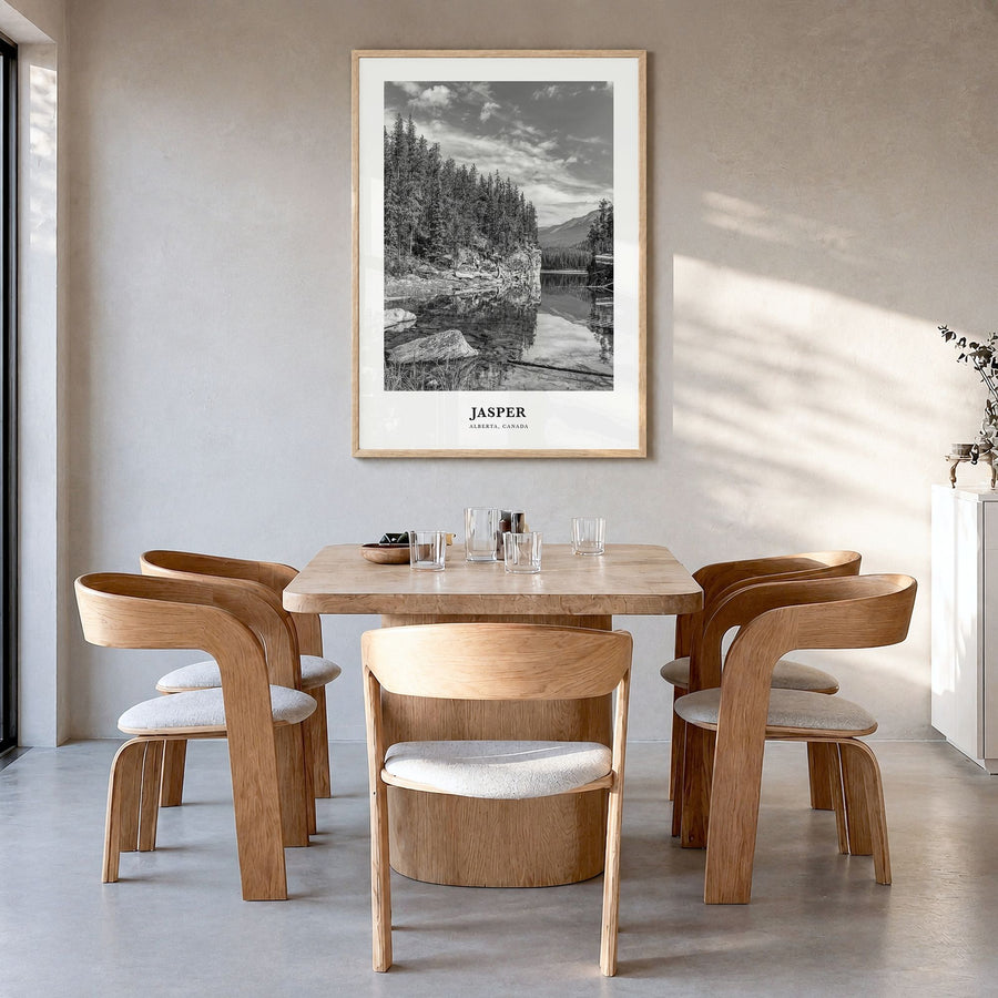 Jasper National Park Classic Poster in a natural wood frame, hanging in a dining room