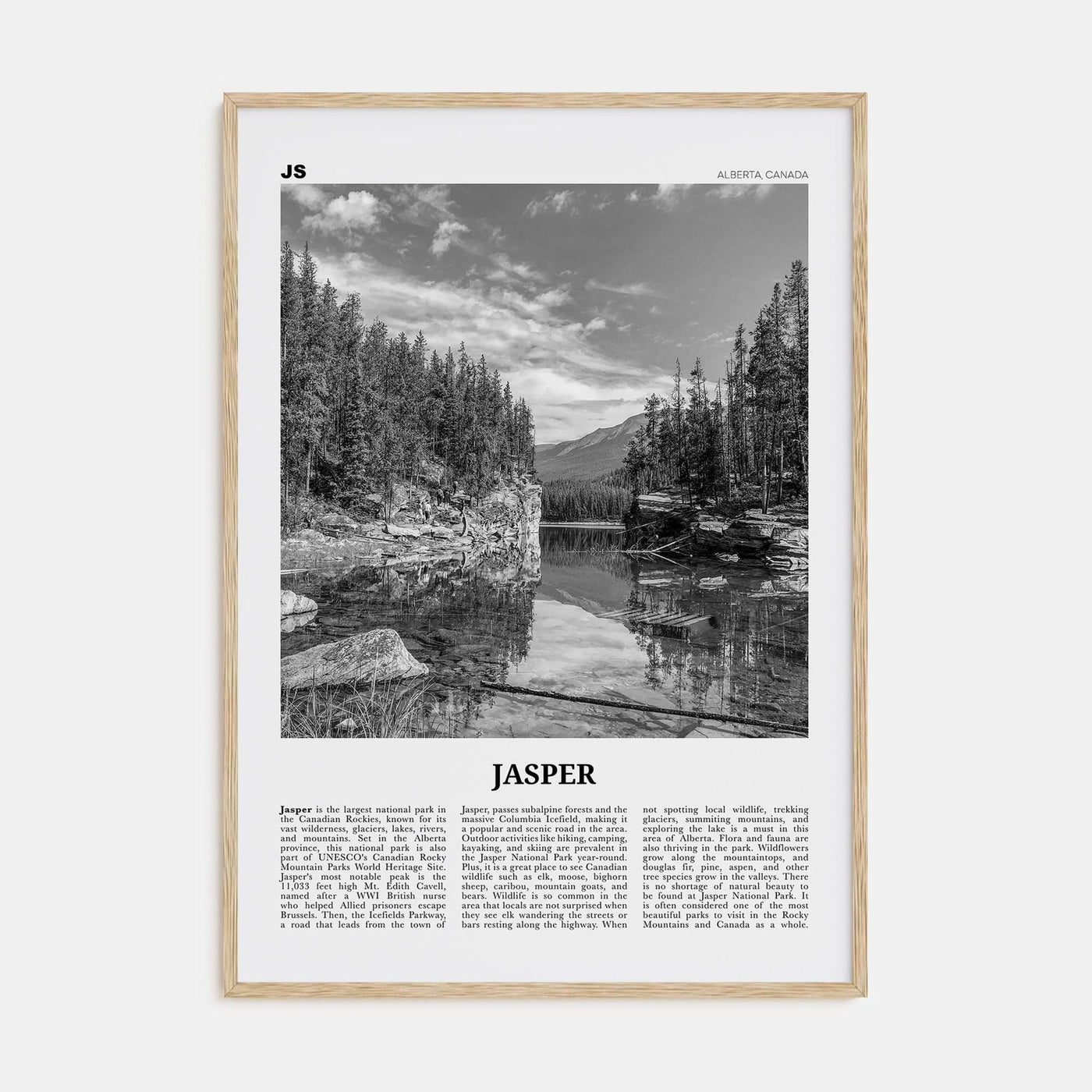 Jasper National Park Poster Natural Wood / 8x12 in Nbourhood Travel B&W Poster