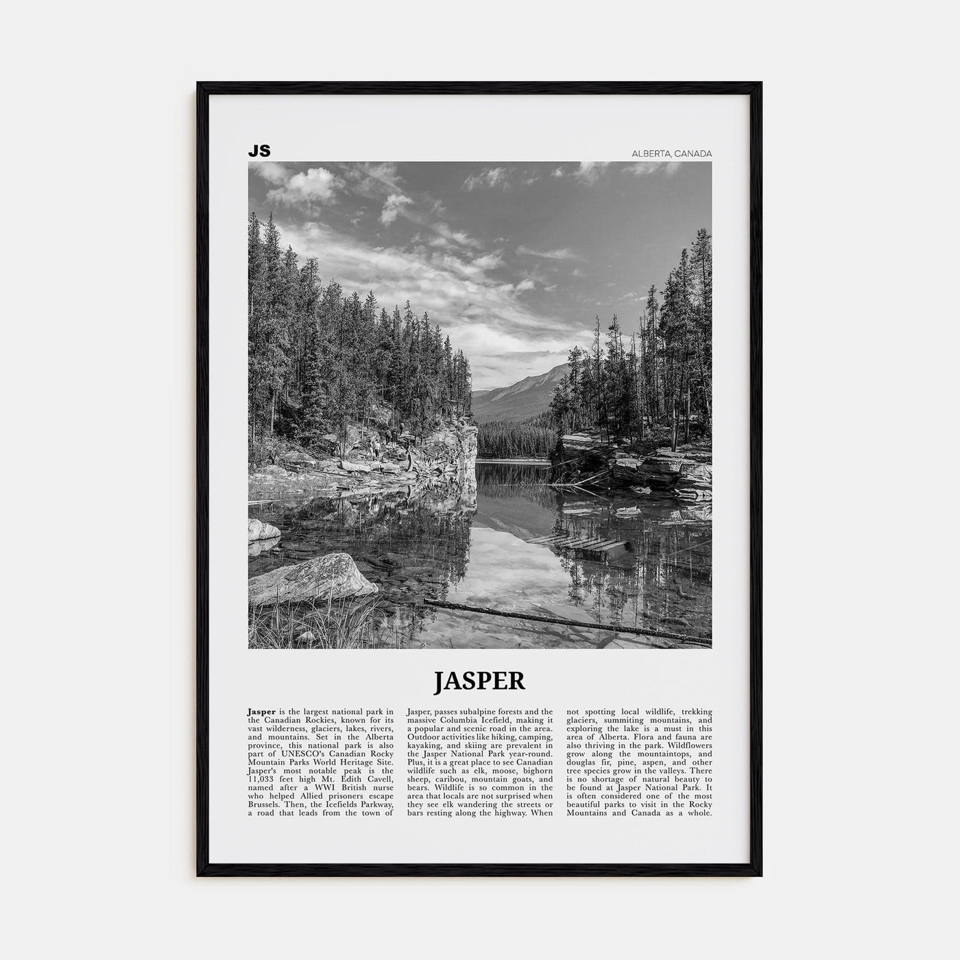 Jasper National Park Poster Black Wood / 8x12 in Nbourhood Travel B&W Poster