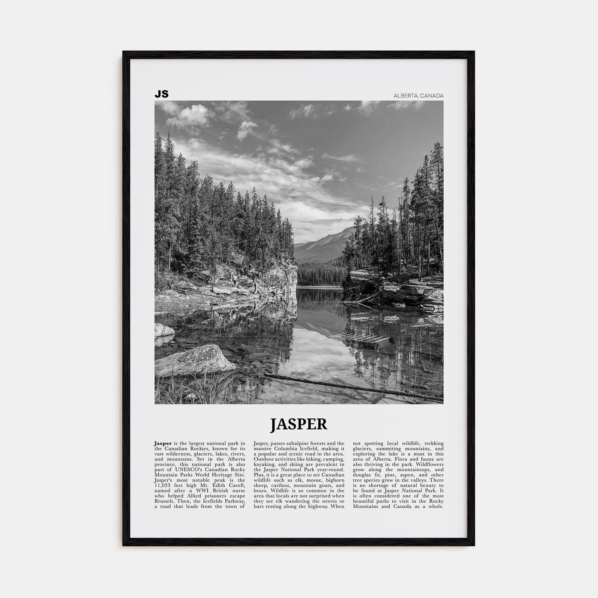 Jasper National Park Poster Black Wood / 8x12 in Nbourhood Travel B&W Poster