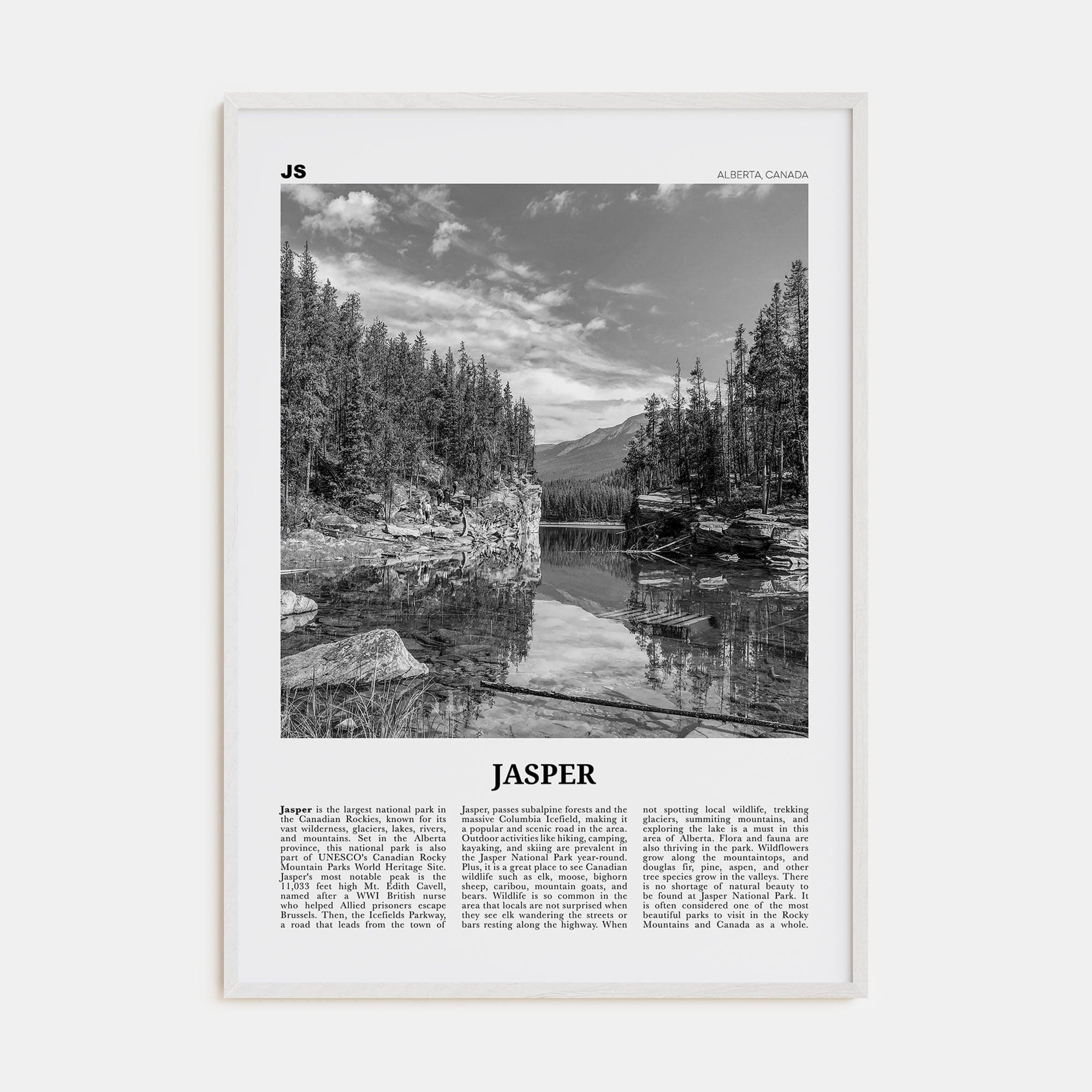 Jasper National Park Poster White Wood / 8x12 in Nbourhood Travel B&W Poster