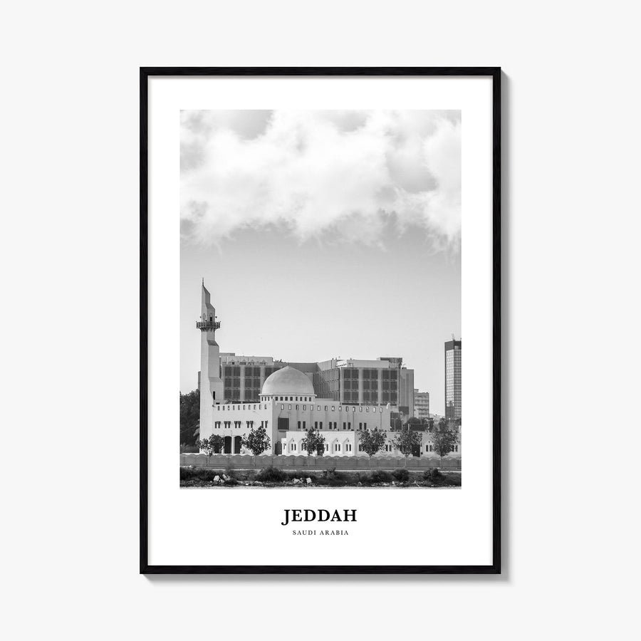 Jeddah black & white classic poster of Saudi Arabia – vertical wall art, unframed print shown in interior mockup