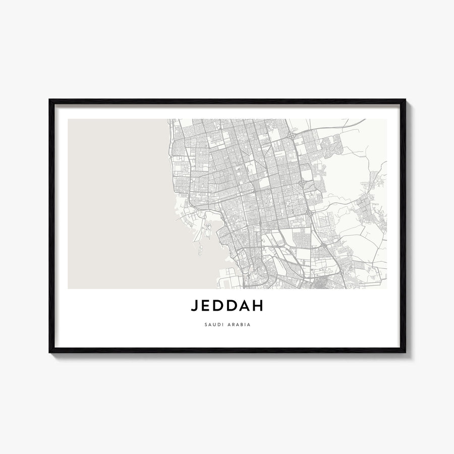 Jeddah black & white map poster of Saudi Arabia – horizontal wall art, unframed print shown in interior mockup