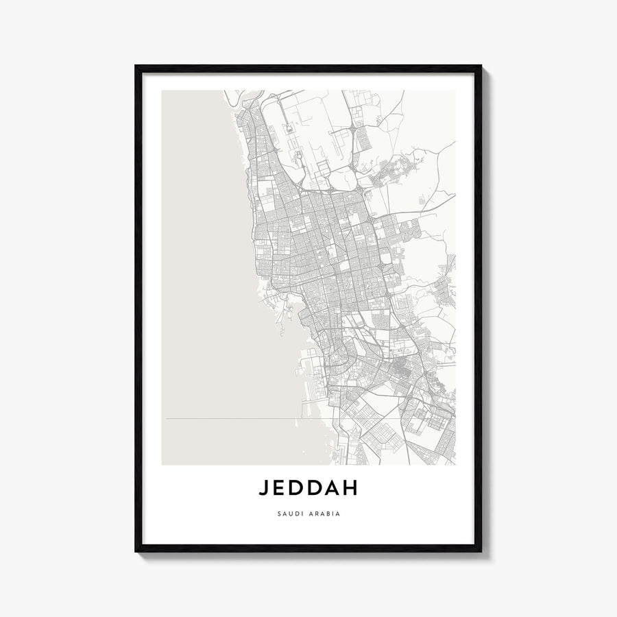 Jeddah black & white map poster of Saudi Arabia – vertical wall art, unframed print shown in interior mockup