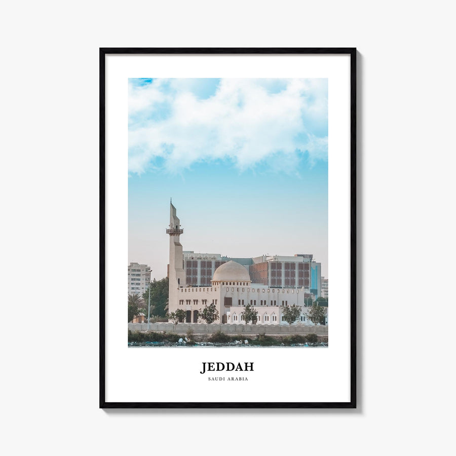 Jeddah colorful classic poster of Saudi Arabia – vertical wall art, unframed print shown in interior mockup