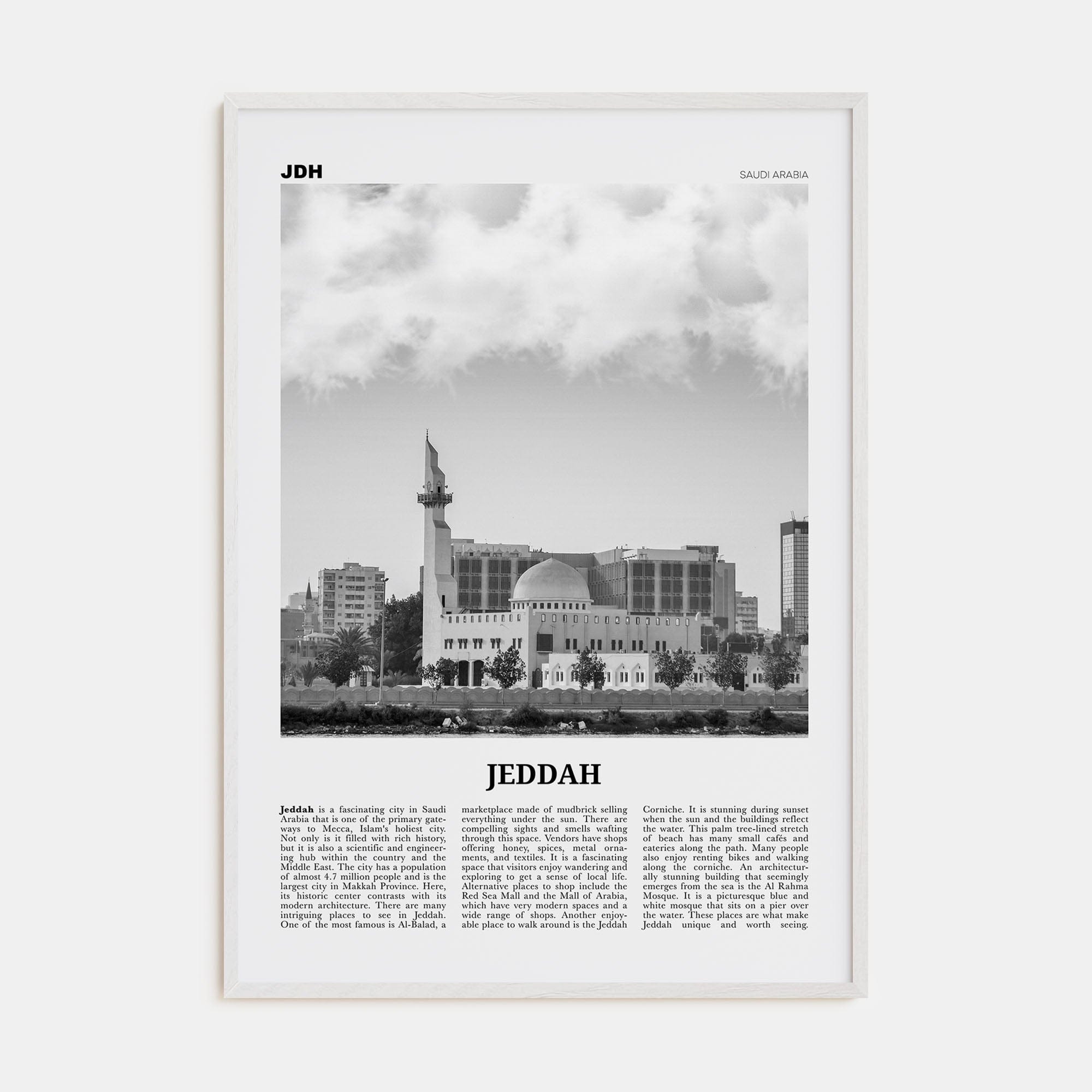 Jeddah Poster White Wood / 8x12 in Nbourhood Travel B&W Poster