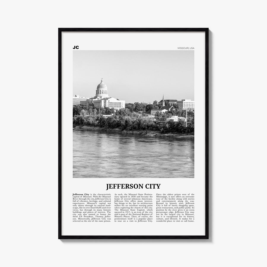 Jefferson City black & white newspaper poster of Missouri, USA – vertical wall art, unframed print shown in interior mockup