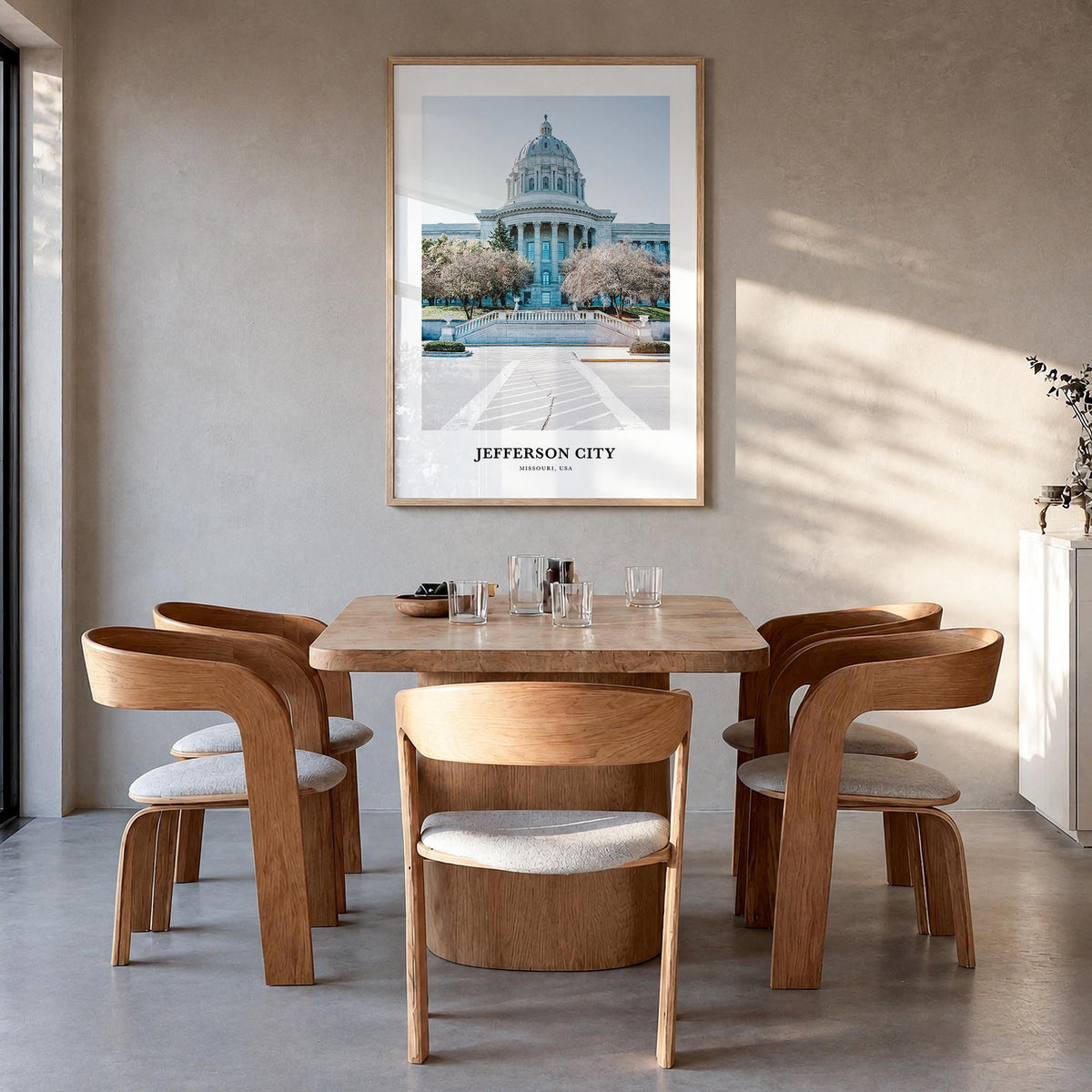 Jefferson City no. 2 colorful classic poster of Missouri, USA – vertical wall art in natural wood frame, hanging on wall