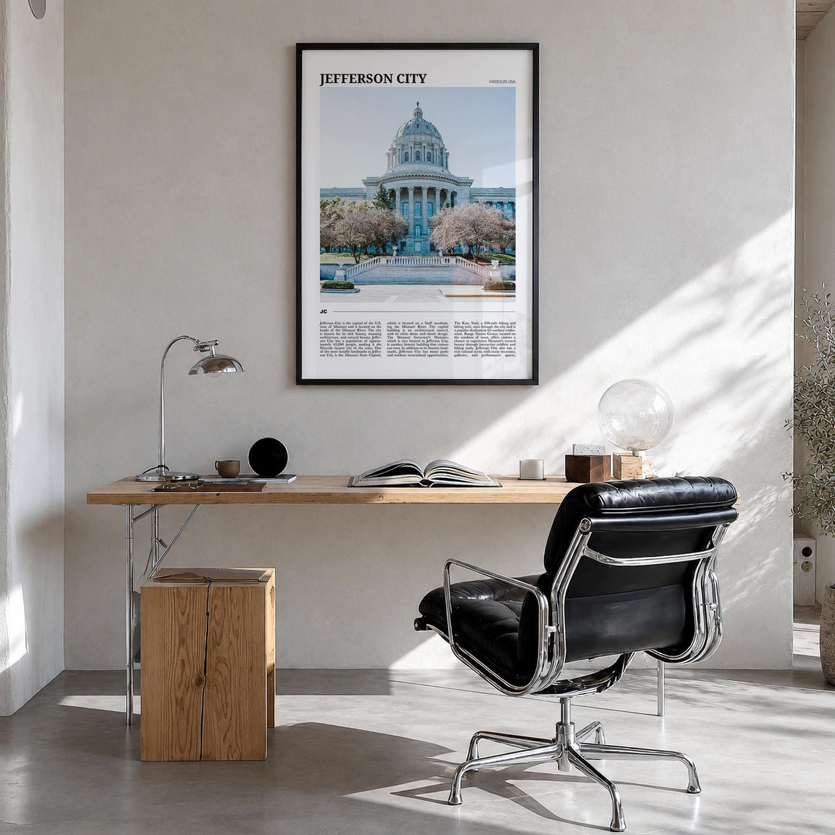 Jefferson City no. 2 colorful travel poster of Missouri, USA – vertical wall art in black wood frame, hanging on wall