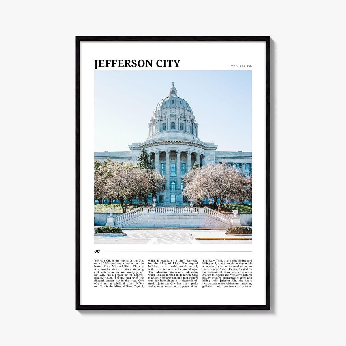 Jefferson City no. 2 colorful travel poster of Missouri, USA – vertical wall art, unframed print shown in interior mockup