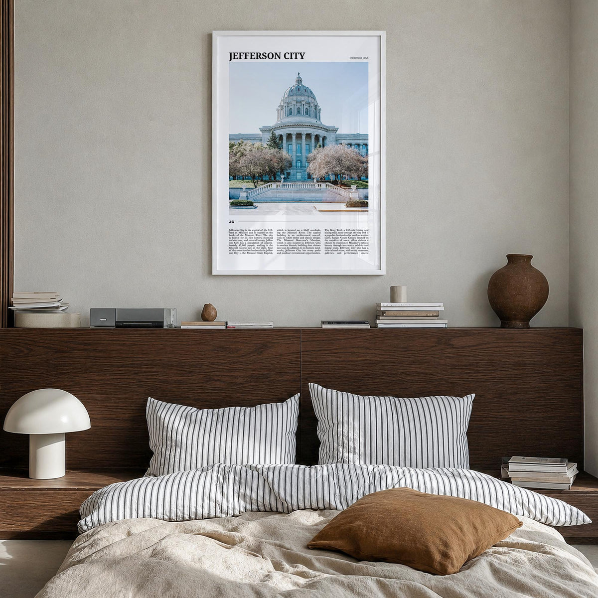 Jefferson City no. 2 colorful travel poster of Missouri, USA – vertical wall art in white wood frame, hanging on wall