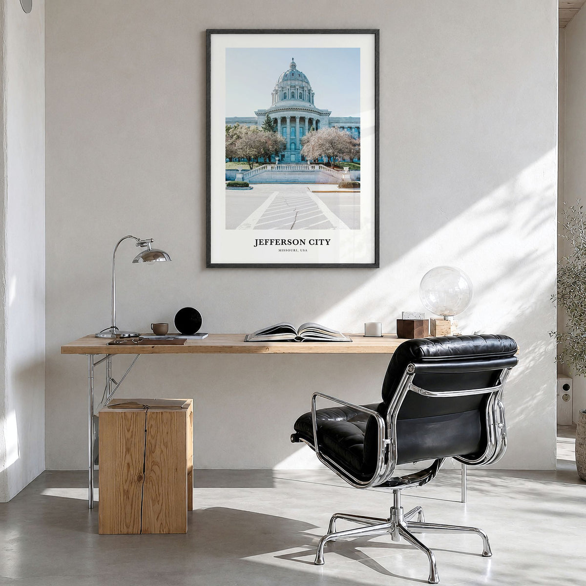 Jefferson City Classic No 2 Poster in a black wood frame, hanging in a bright home office
