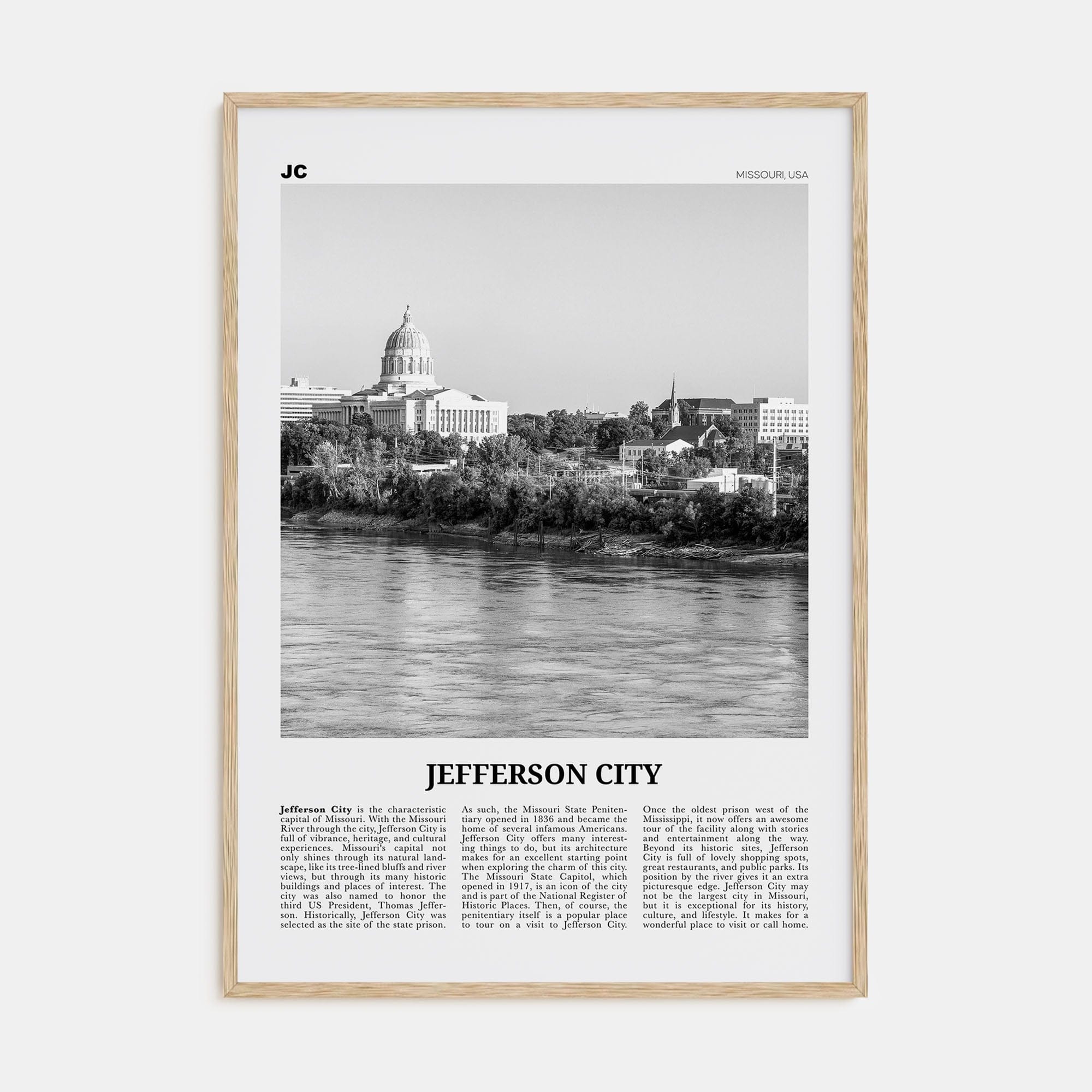 Jefferson City Poster Natural Wood / 8x12 in Nbourhood Travel B&W Poster