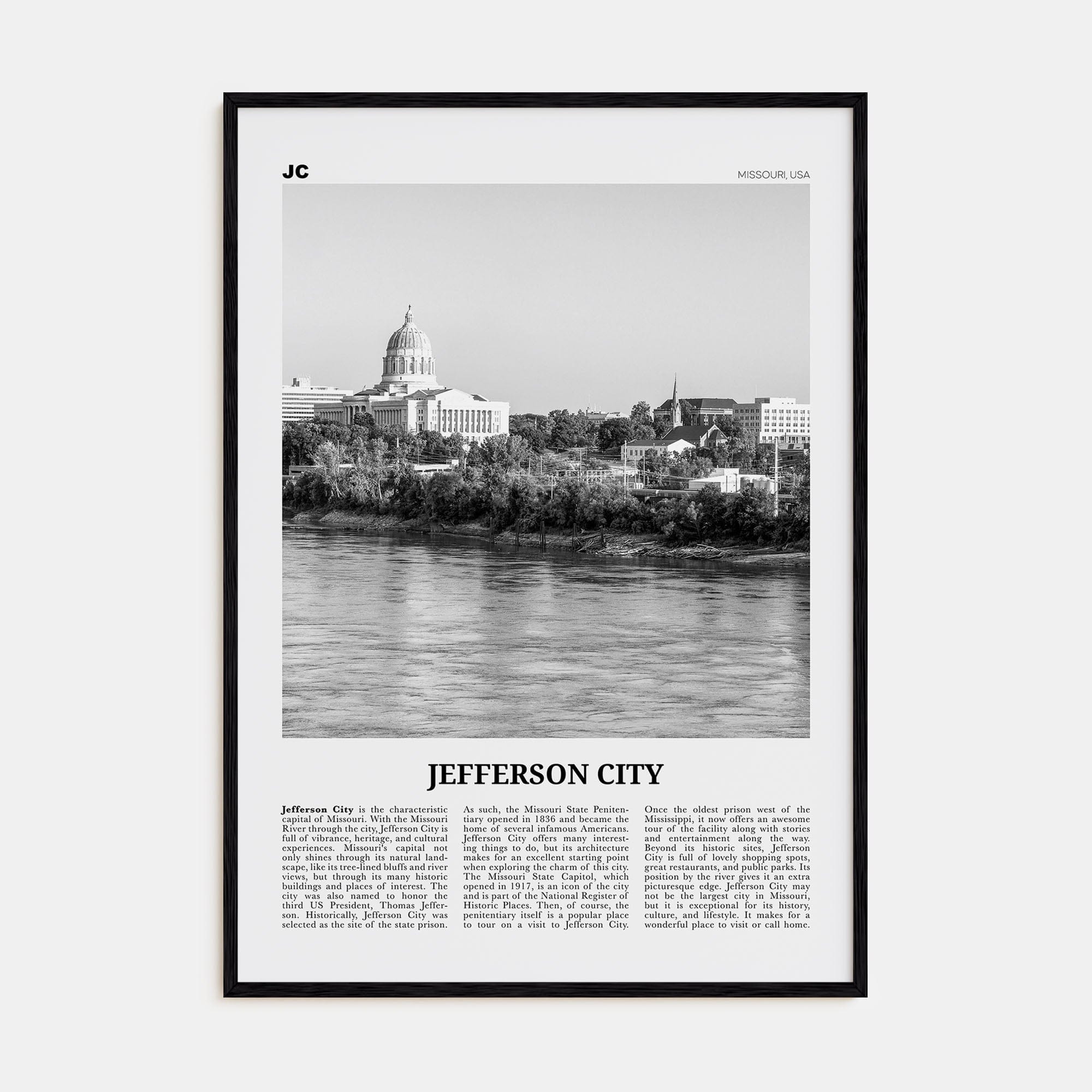 Jefferson City Poster Black Wood / 8x12 in Nbourhood Travel B&W Poster