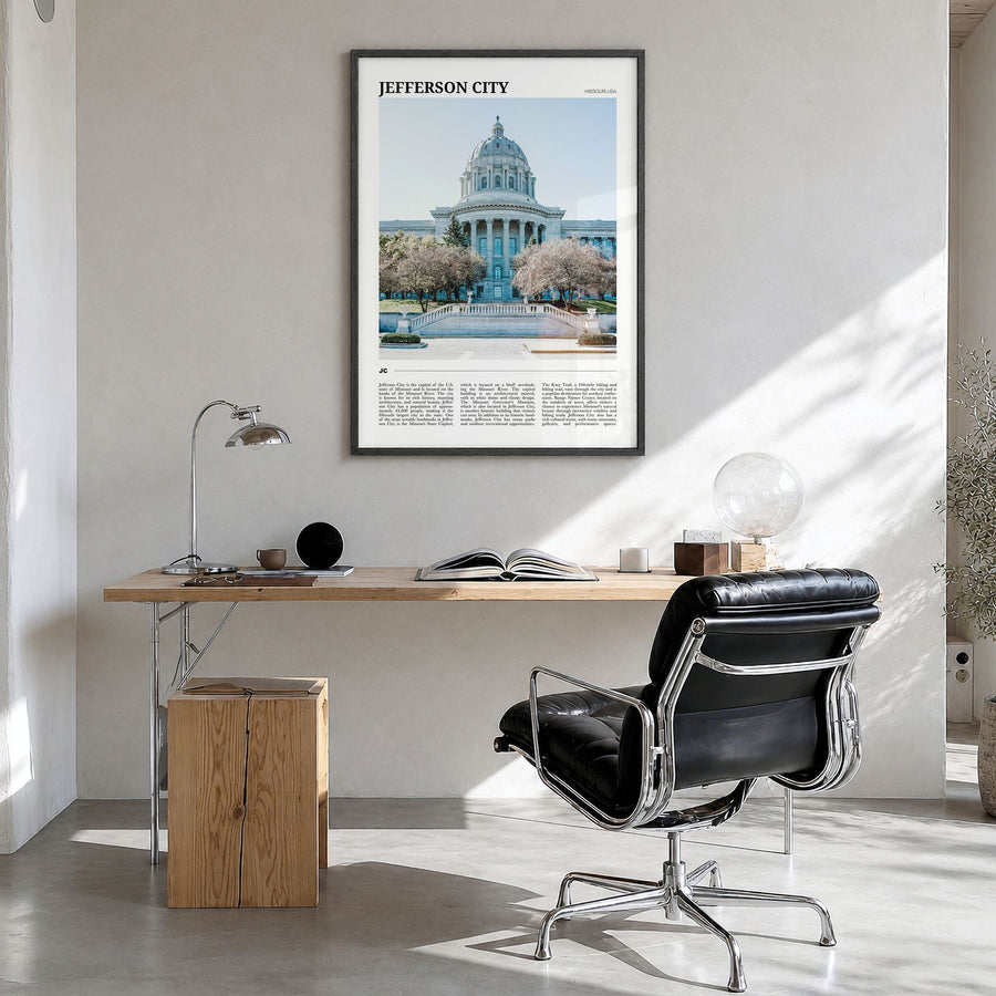 Jefferson City Travel No 2 Poster in a black wood frame, hanging in a bright home office