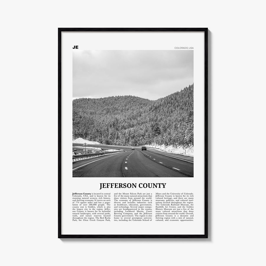 Jefferson County black & white newspaper poster of Colorado, USA – vertical wall art, unframed print shown in interior mockup