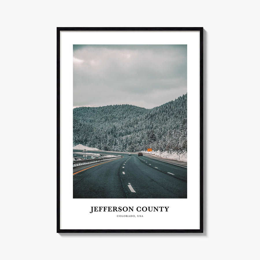 Jefferson County colorful classic poster of Colorado, USA – vertical wall art, unframed print shown in interior mockup