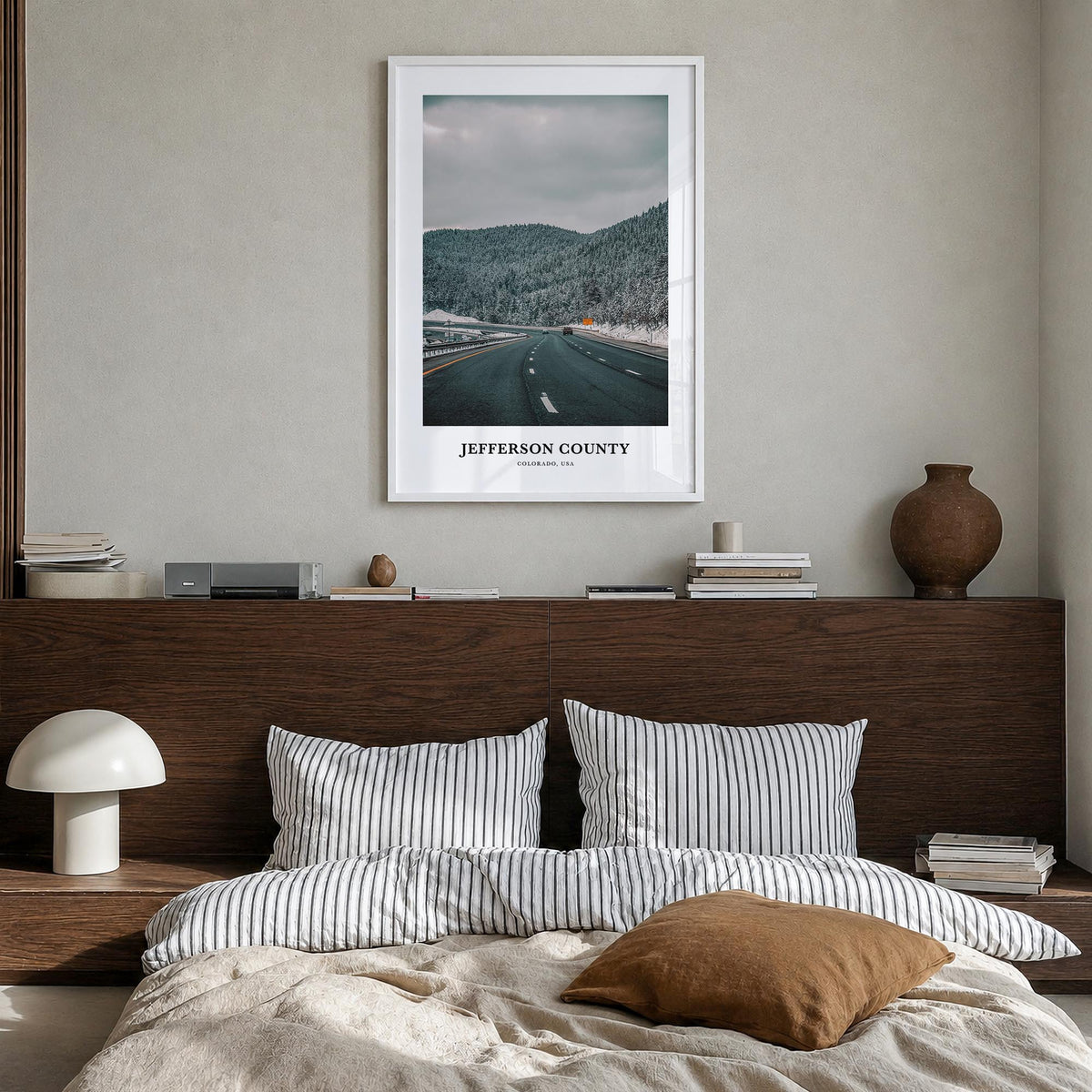 Jefferson County colorful classic poster of Colorado, USA – vertical wall art in white wood frame, hanging on wall