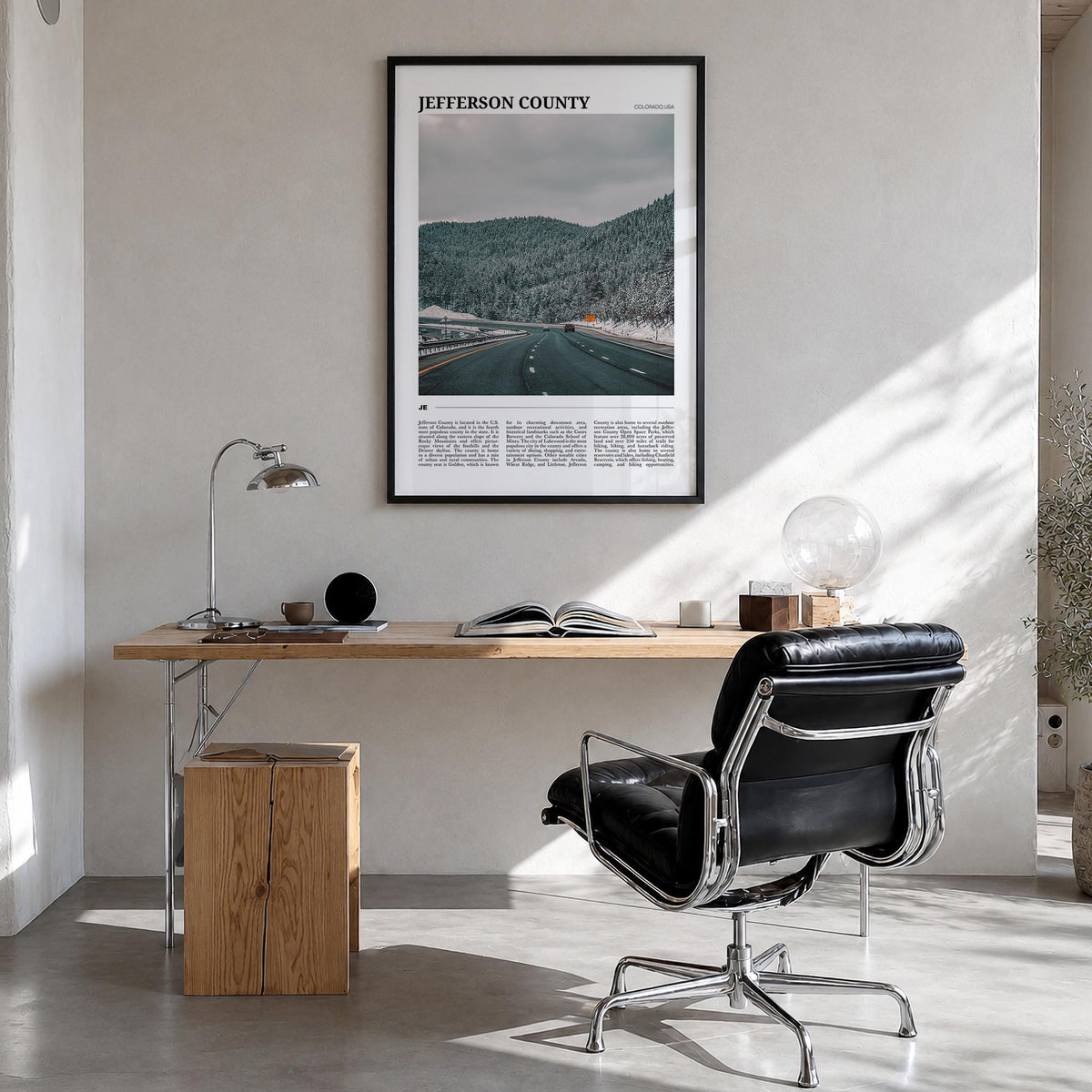Jefferson County colorful travel poster of Colorado, USA – vertical wall art in black wood frame, hanging on wall