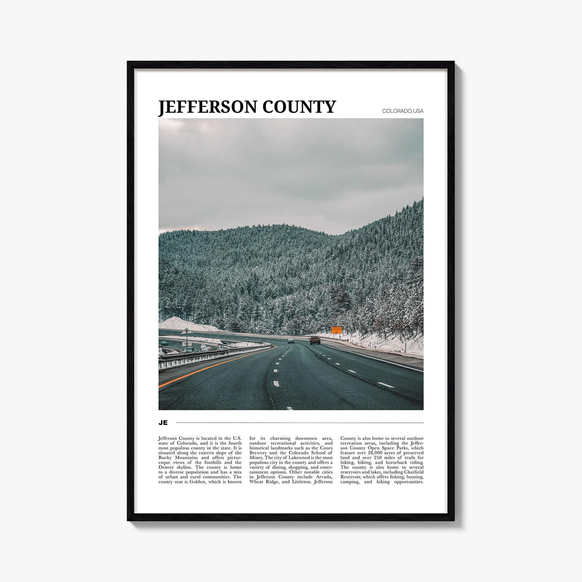 Jefferson County colorful travel poster of Colorado, USA – vertical wall art, unframed print shown in interior mockup