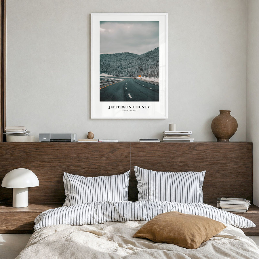 Jefferson County Classic Poster in a white wood frame, hanging in a bedroom
