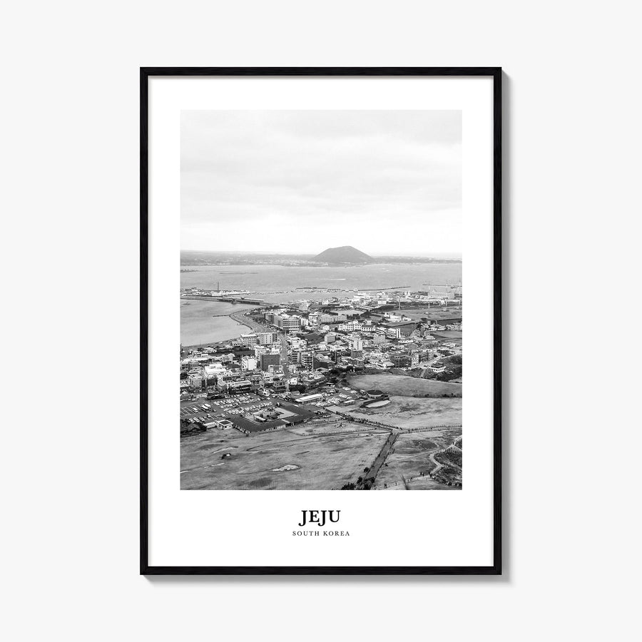 Jeju City black & white classic poster of South Korea – vertical wall art, unframed print shown in interior mockup