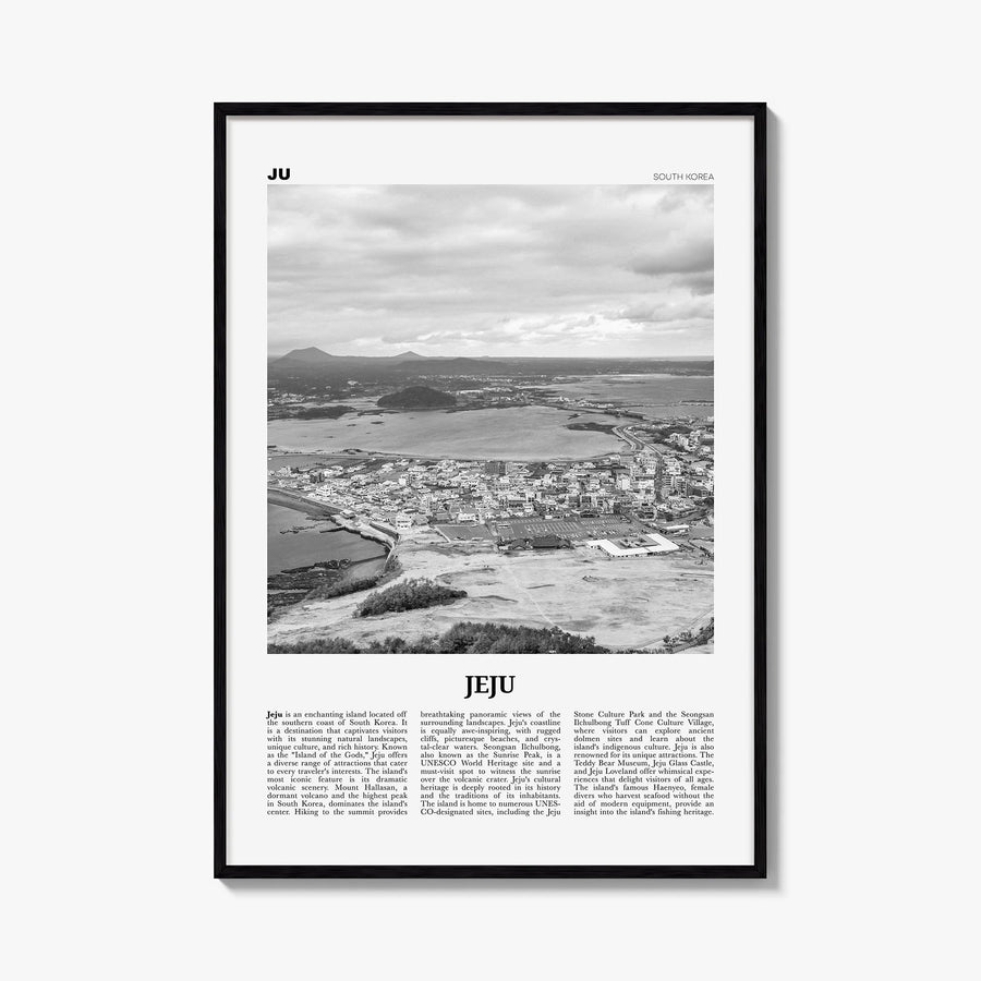 Jeju City black & white newspaper poster of South Korea – vertical wall art, unframed print shown in interior mockup