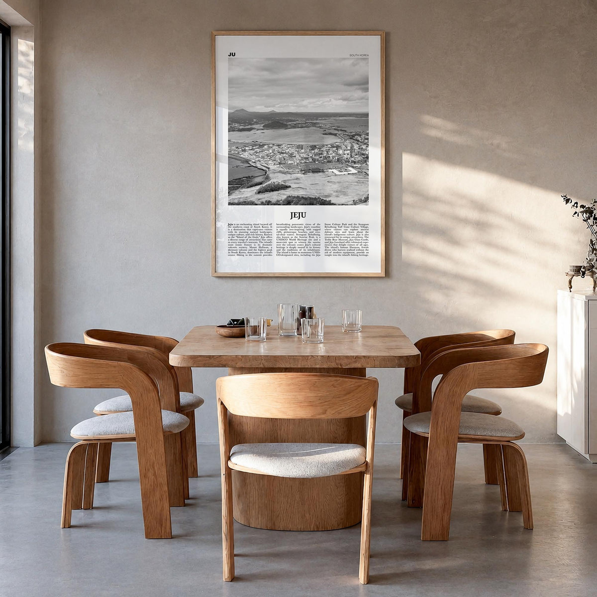 Jeju City black & white newspaper poster of South Korea – vertical wall art in natural wood frame, hanging on wall