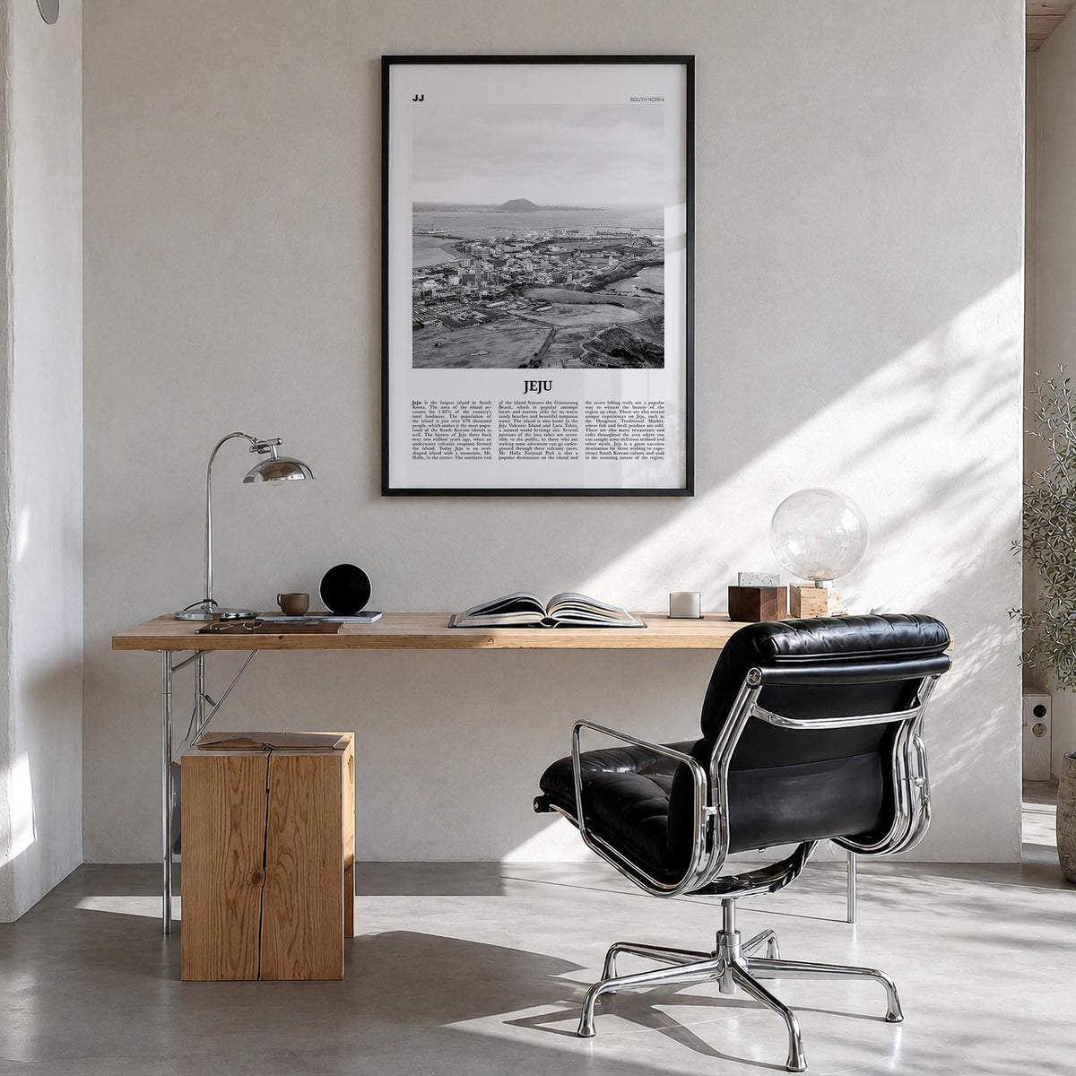 Jeju Island black & white newspaper poster of South Korea – vertical wall art in black wood frame, hanging on wall