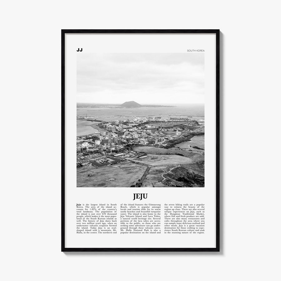 Jeju Island black & white newspaper poster of South Korea – vertical wall art, unframed print shown in interior mockup