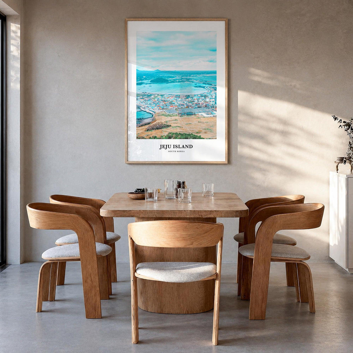 Jeju Island colorful classic poster of South Korea – vertical wall art in natural wood frame, hanging on wall