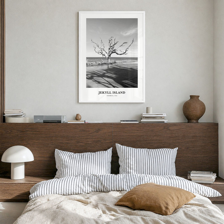 Jekyll Island Classic Poster in a white wood frame, hanging in a bedroom