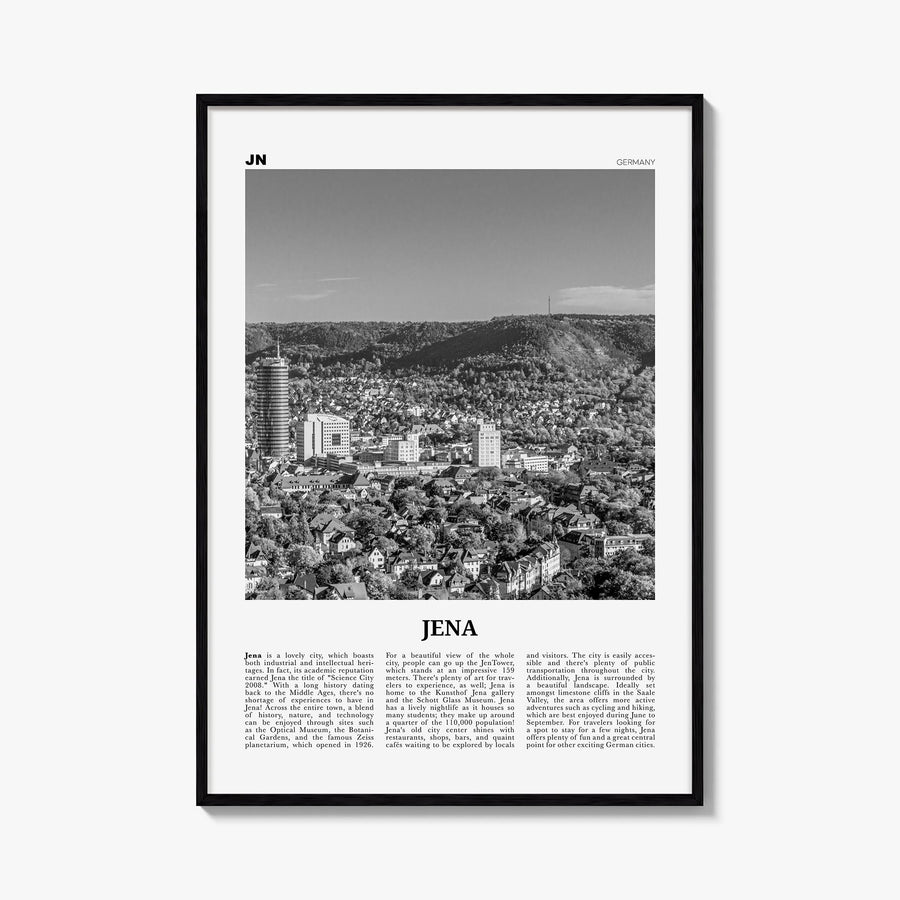 Jena black & white newspaper poster of Germany – vertical wall art, unframed print shown in interior mockup