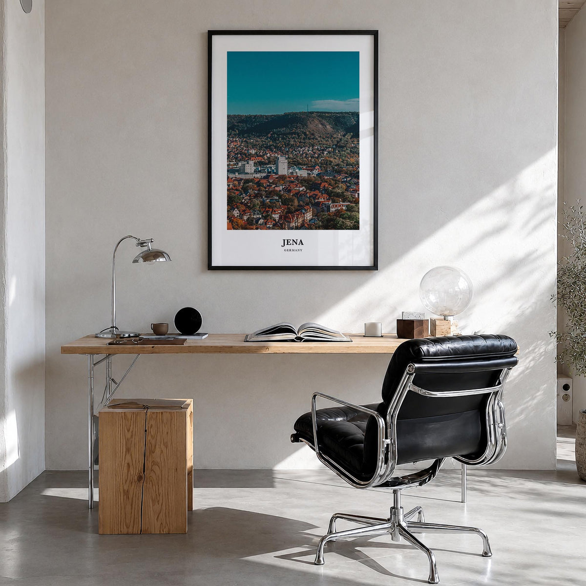 Jena colorful classic poster of Germany – vertical wall art in black wood frame, hanging on wall