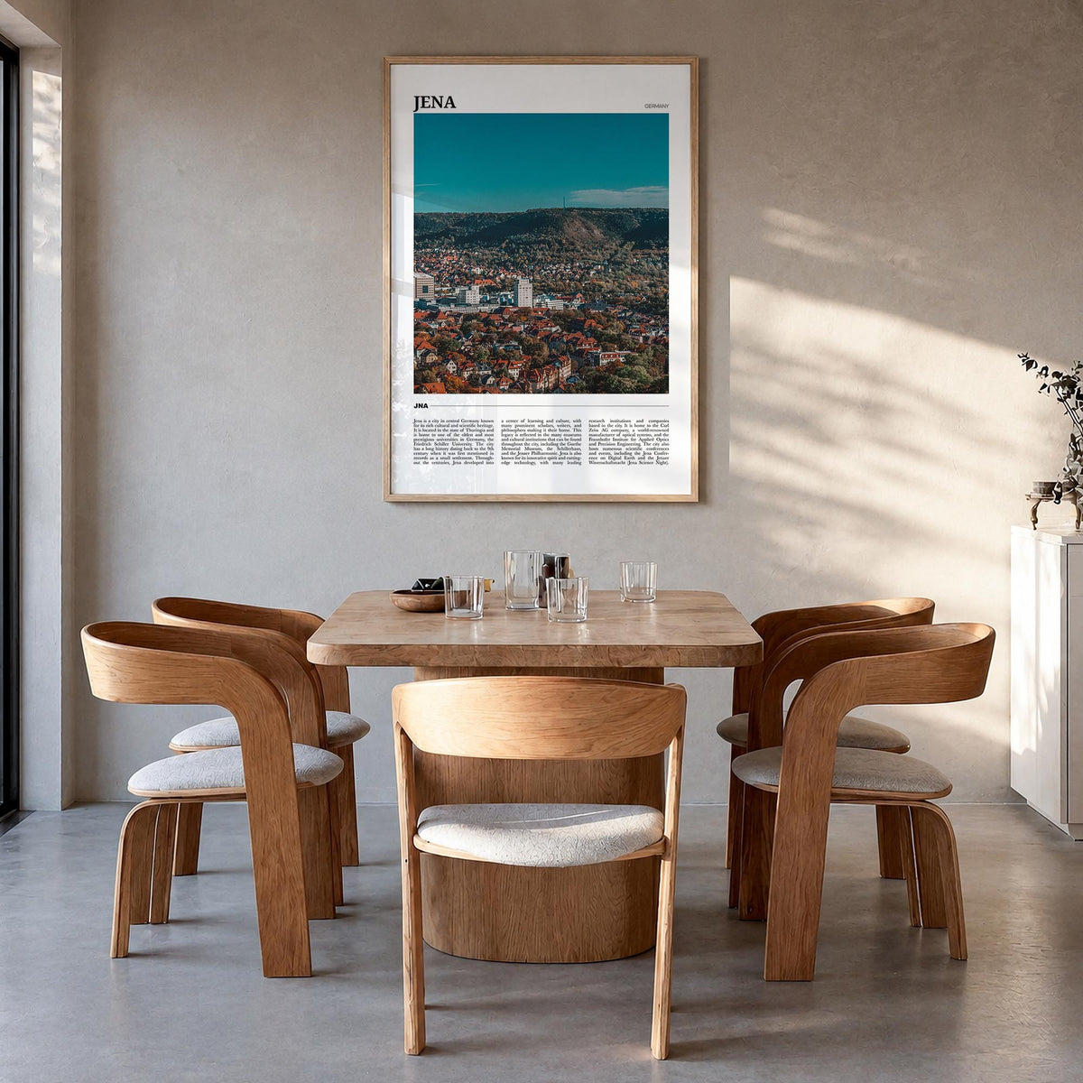 Jena colorful travel poster of Germany – vertical wall art in natural wood frame, hanging on wall